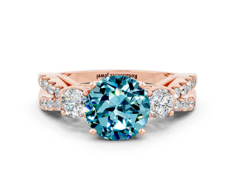 Rose gold Round Cut Blue Topaz Three-Stone Ring with Pavé Split Shank and Four-Prong Setting