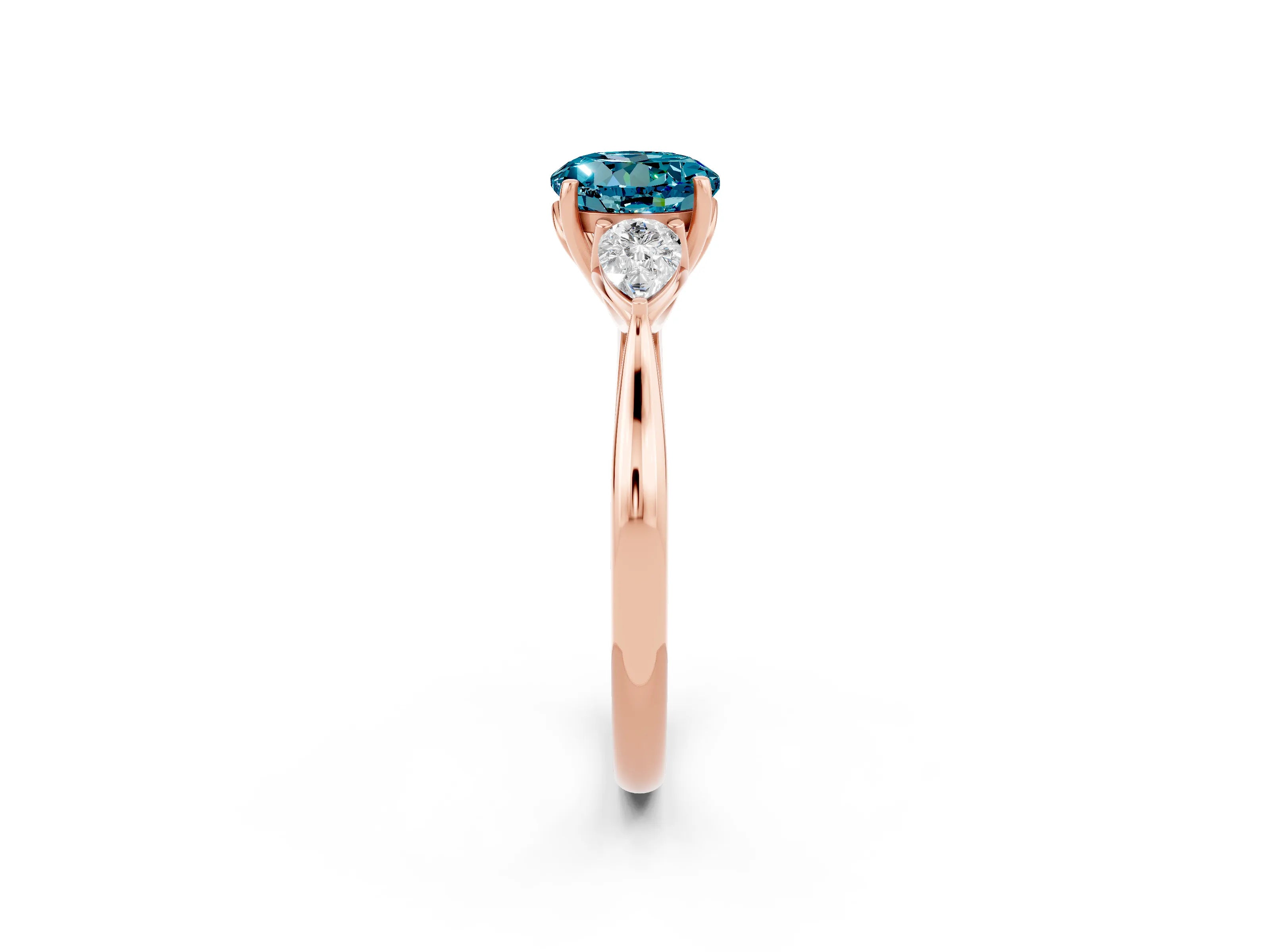 Rose gold Round Cut Blue Topaz Three-Stone Ring with Pear Side Stones and Four-Prong Setting_14