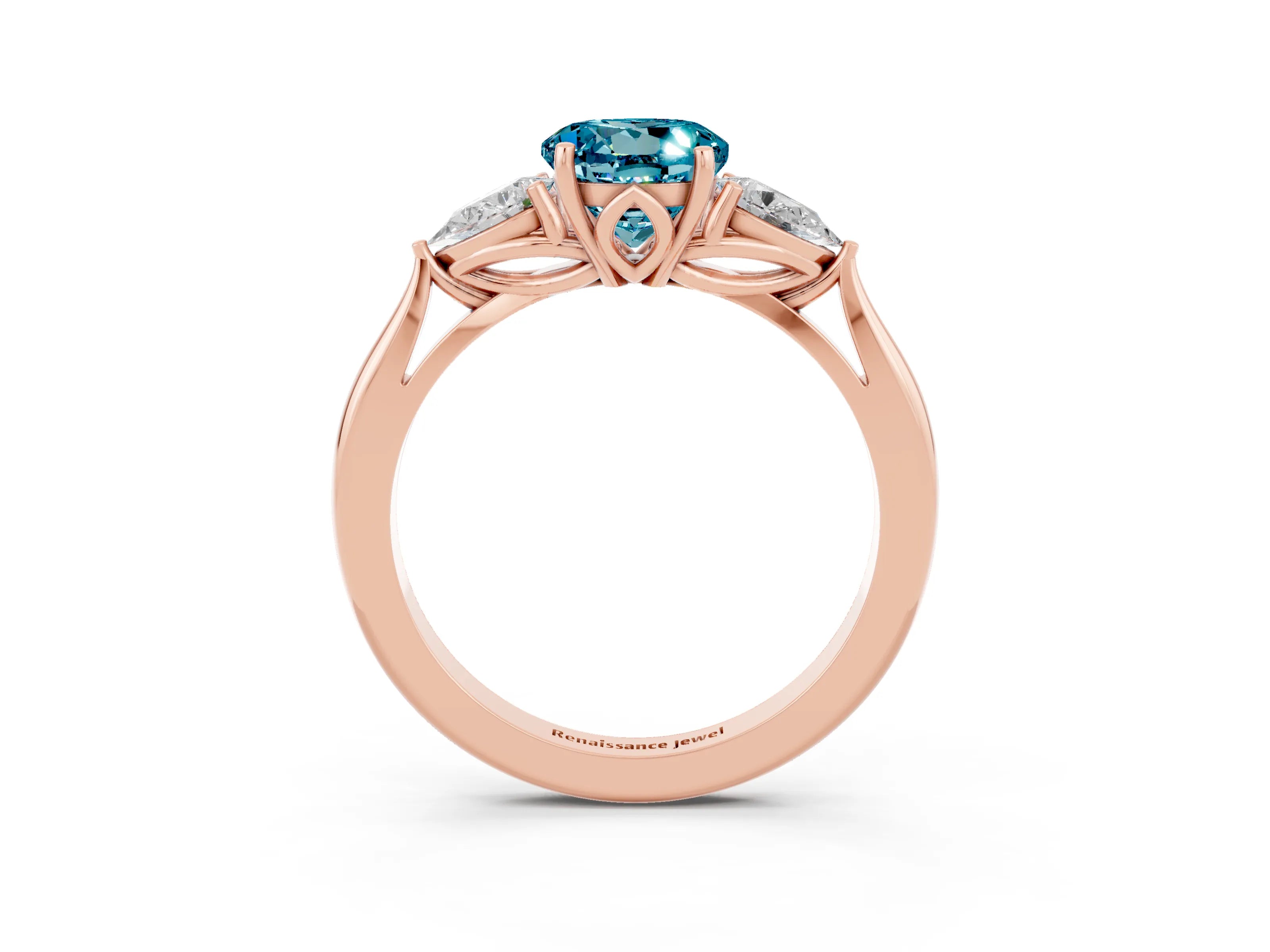 Rose gold Round Cut Blue Topaz Three-Stone Ring with Pear Side Stones and Four-Prong Setting_15