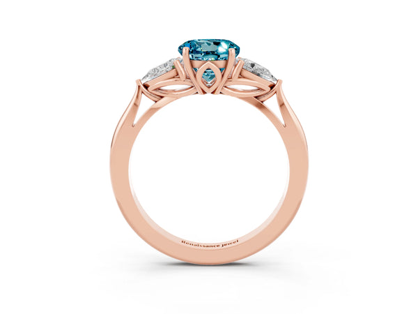 Rose gold Round Cut Blue Topaz Three-Stone Ring with Pear  Side Stones and Prong Setting