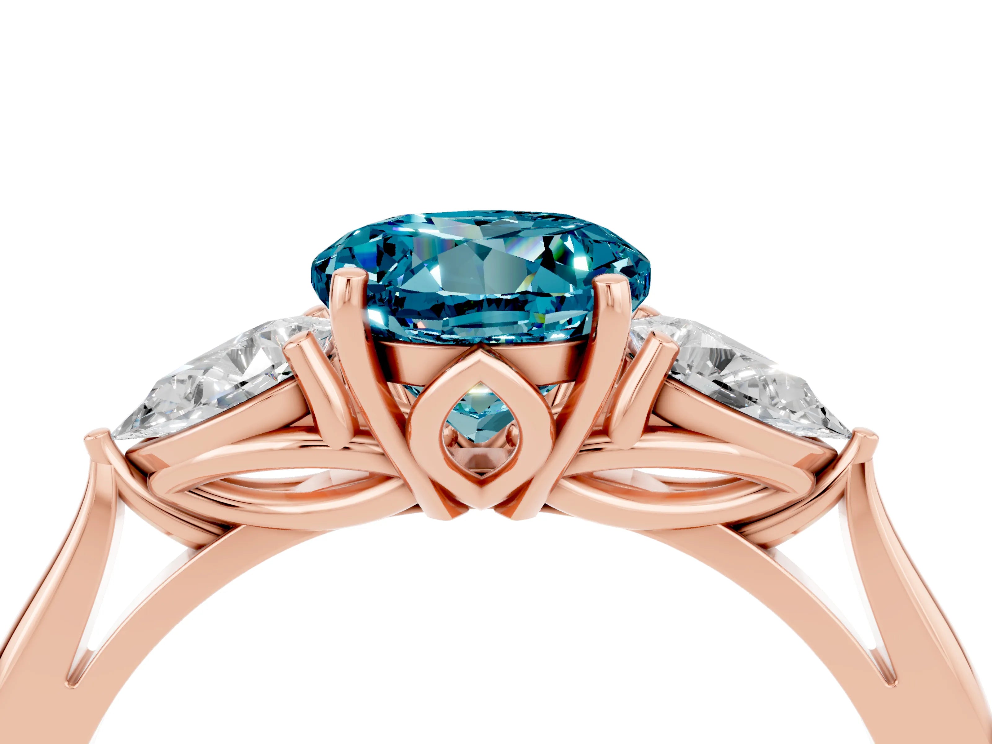 Rose gold Round Cut Blue Topaz Three-Stone Ring with Pear Side Stones and Four-Prong Setting_16