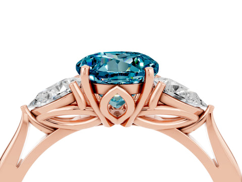 Rose gold Round Cut Blue Topaz Three-Stone Ring with Pear Side Stones and Four-Prong Setting_16