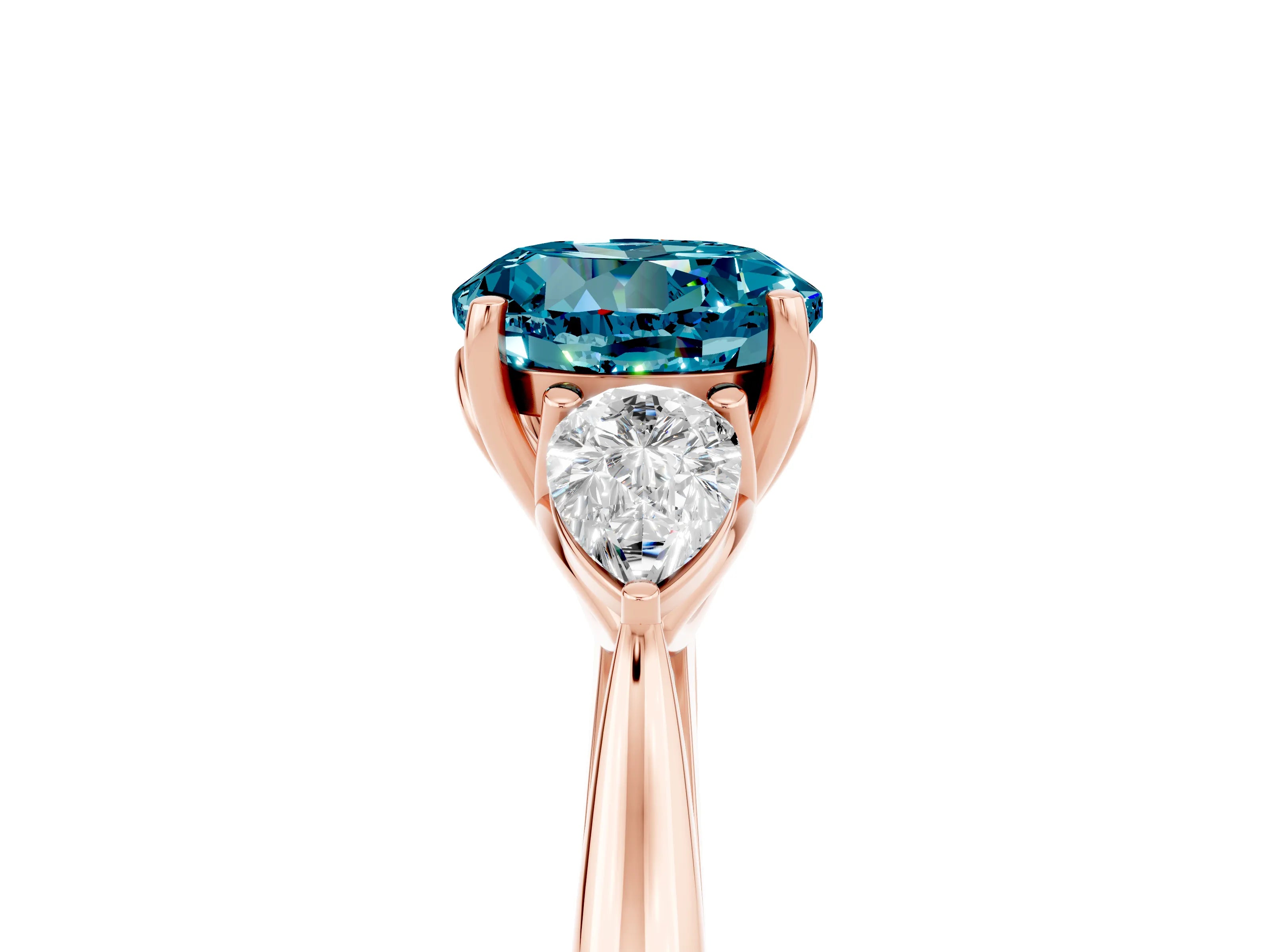Rose gold Round Cut Blue Topaz Three-Stone Ring with Pear Side Stones and Four-Prong Setting_17