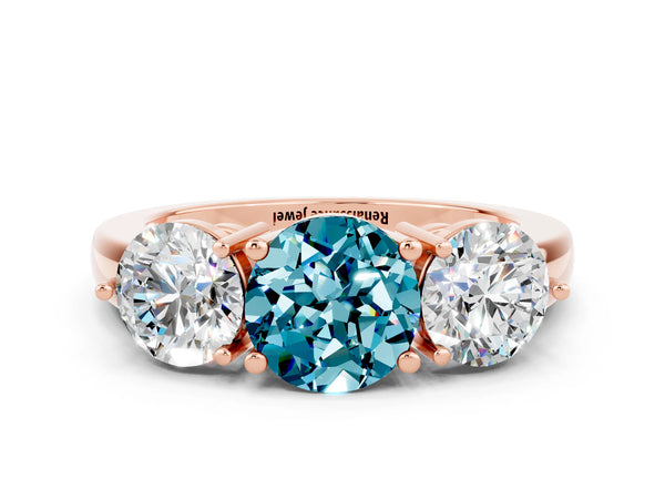 Rose gold Round Cut Blue Topaz Three-Stone Ring with Prong Setting and Classic Band