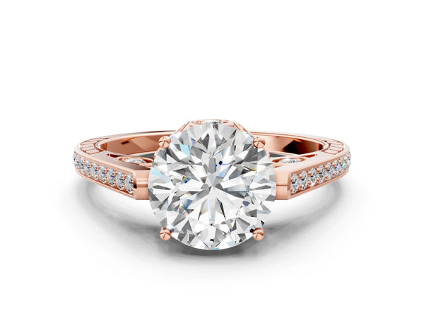 Rose Gold Round Vintage Cathedral Engagement Ring Setting with Pave Shoulders and Petal Gallery
