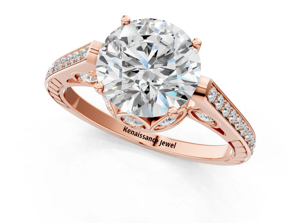 Rose Gold Round Vintage Cathedral Engagement Ring Setting with Pave Shoulders and Petal Gallery