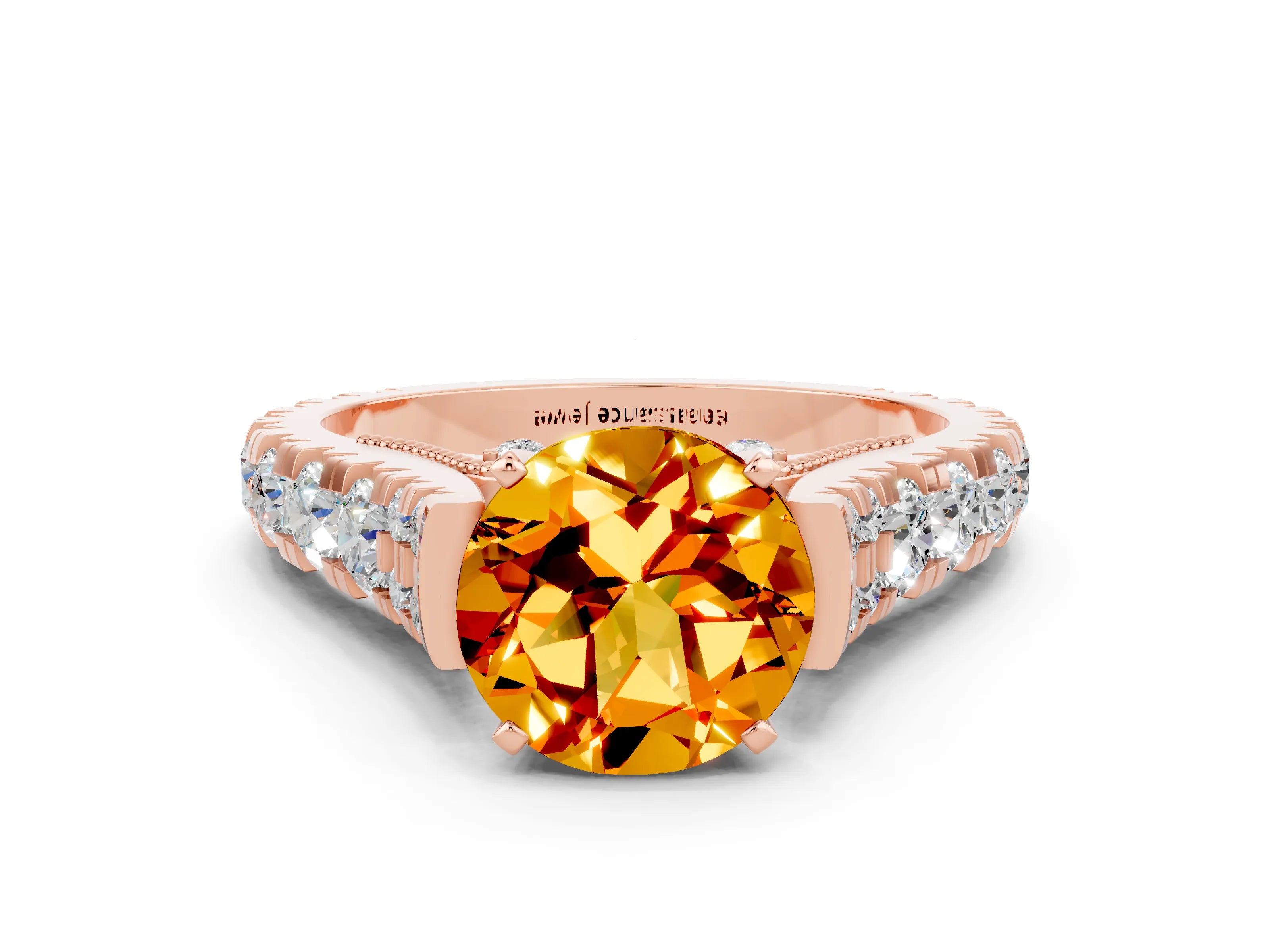 Rose gold Round Cut Citrine Classic Solitaire Ring with Pavé Band and Four-Prong Setting