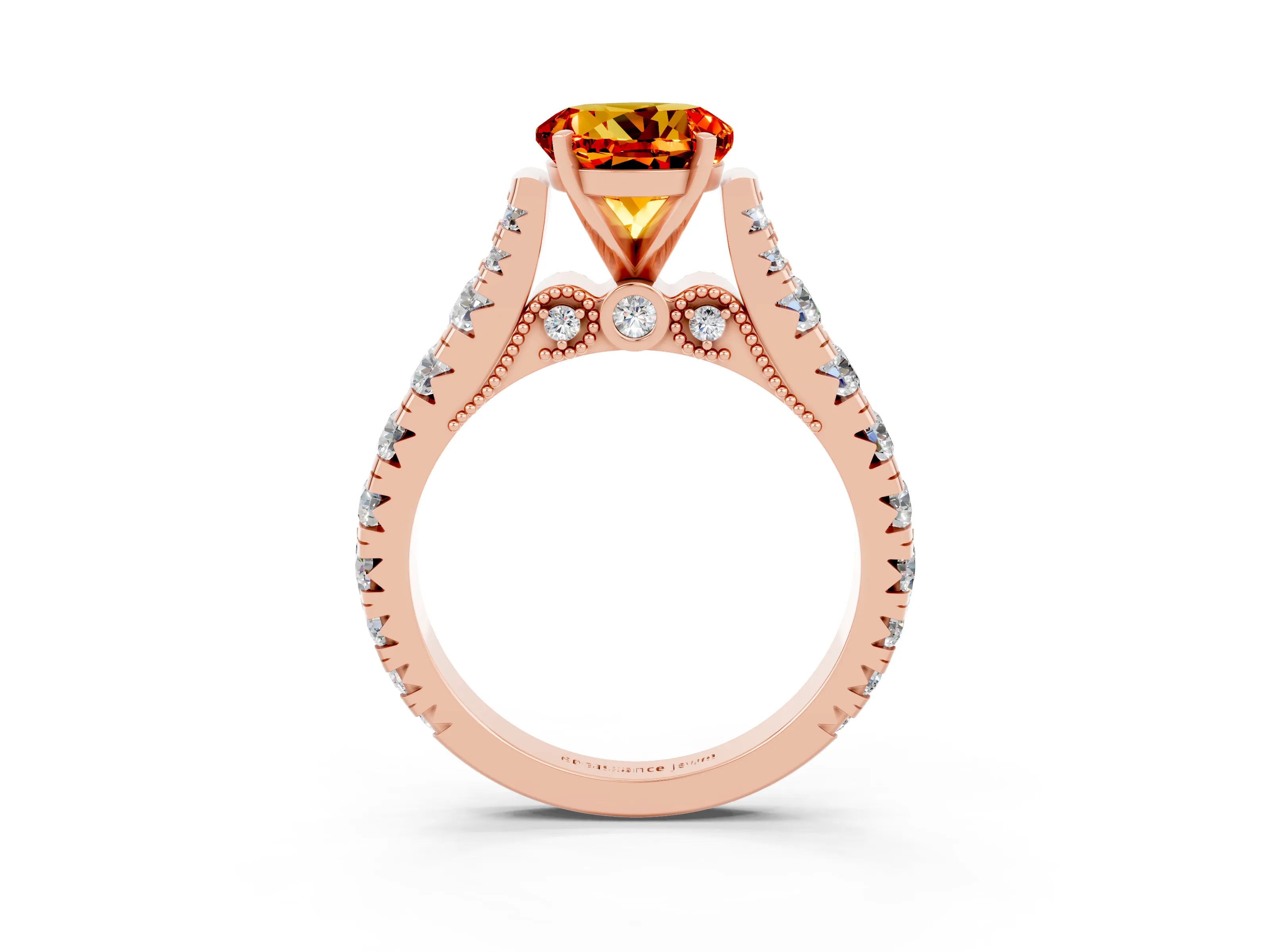 Rose gold Round Cut Citrine Classic Solitaire Ring with Pavé Band and Four-Prong Setting_3
