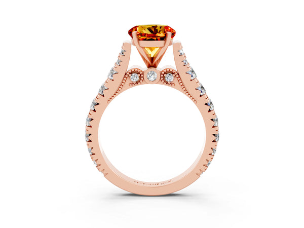 Rose gold Round Cut Citrine Classic Solitaire Ring with Pavé Band and Four-Prong Setting