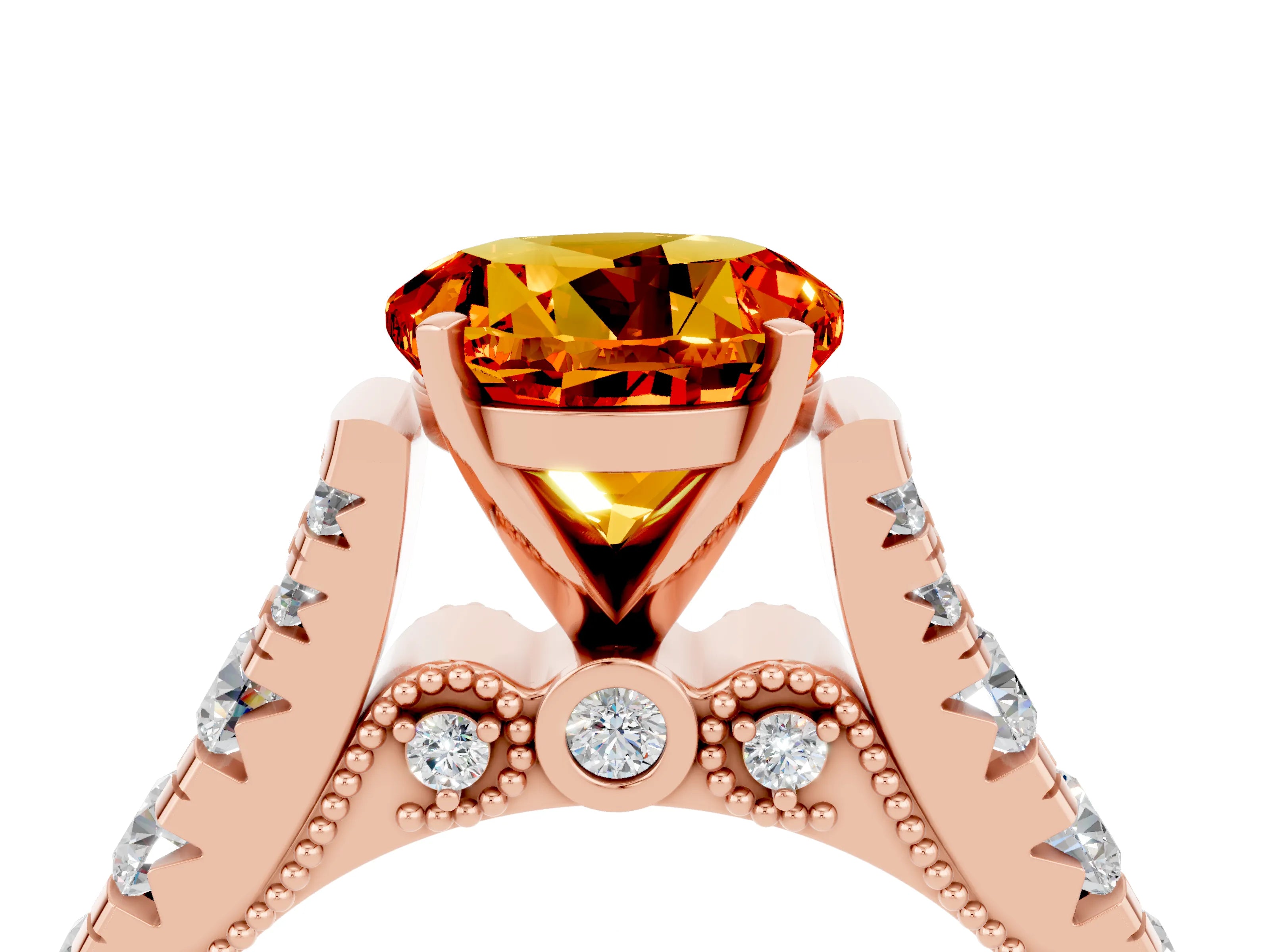 Rose gold Round Cut Citrine Classic Solitaire Ring with Pavé Band and Four-Prong Setting_4