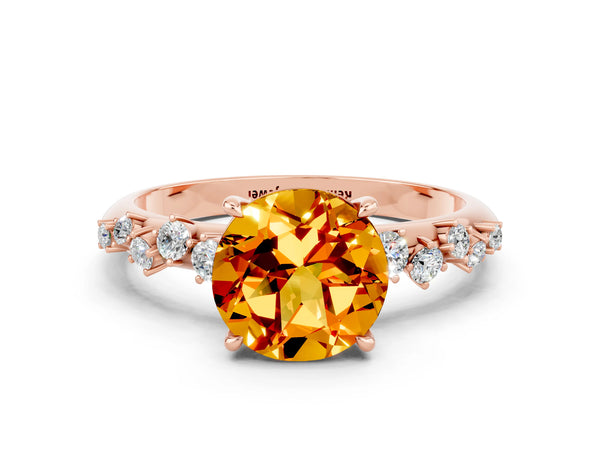 Rose gold Round Cut Citrine Cluster Side Stone Solitaire Ring with Prong Setting