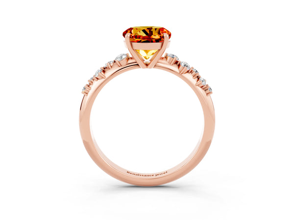 Rose gold Round Cut Citrine Cluster Side Stone Solitaire Ring with Prong Setting