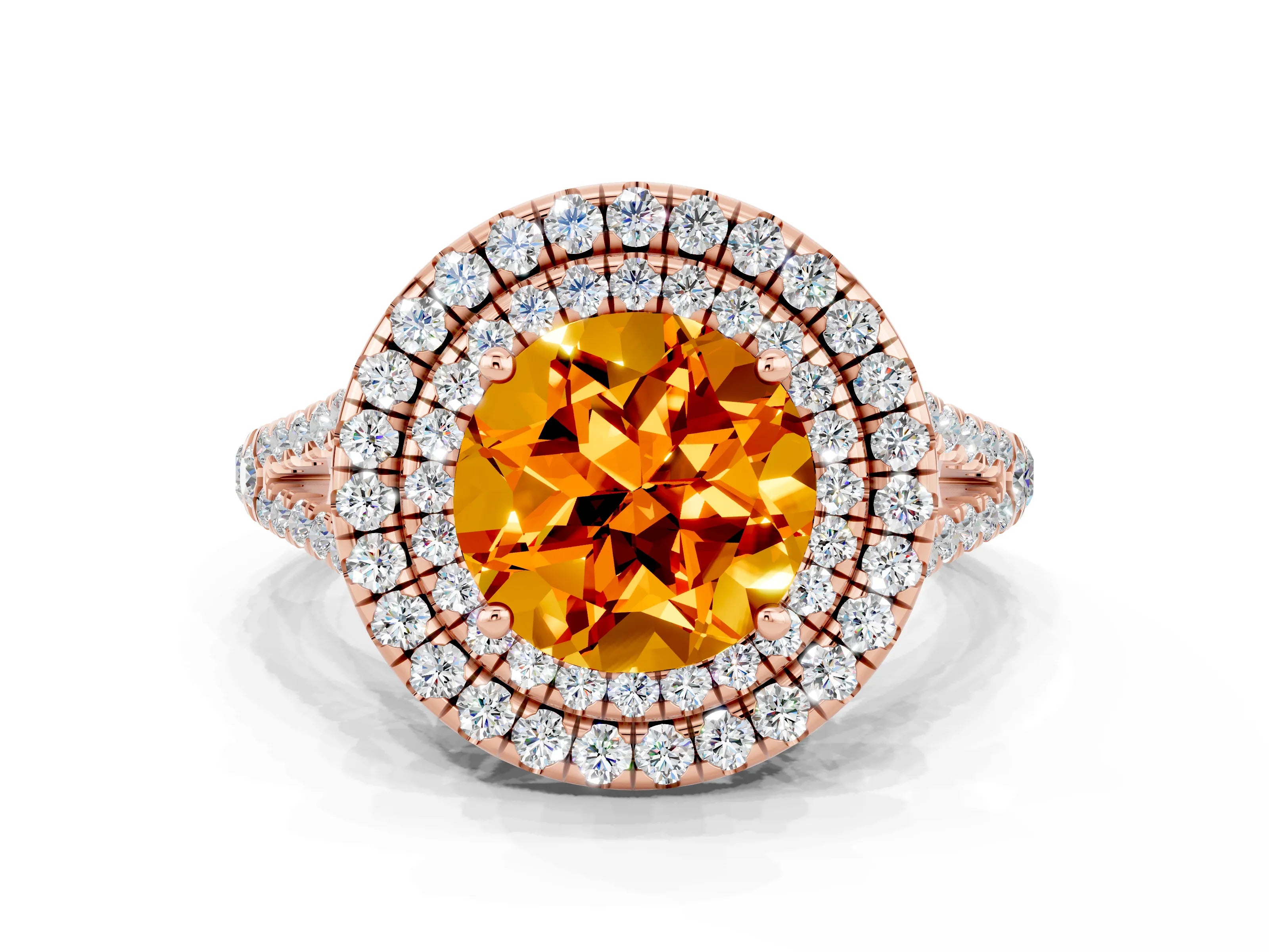 Rose gold Round Cut Citrine Double Halo Ring with Pavé Band and Prong Setting_12