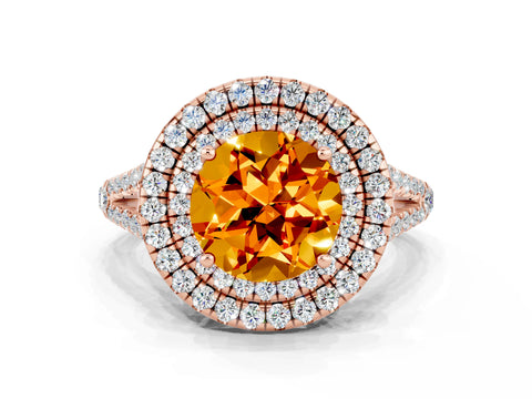 Rose gold Round Cut Citrine Double Halo Ring with Pavé Band and Prong Setting_12