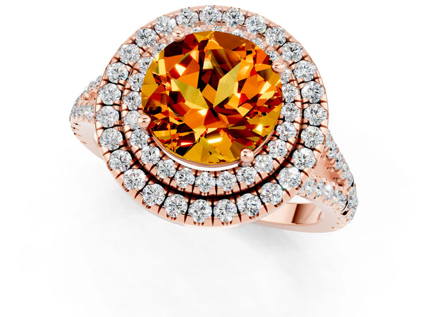 Rose gold Round Cut Citrine Double Halo Ring with Pavé Band and Prong Setting