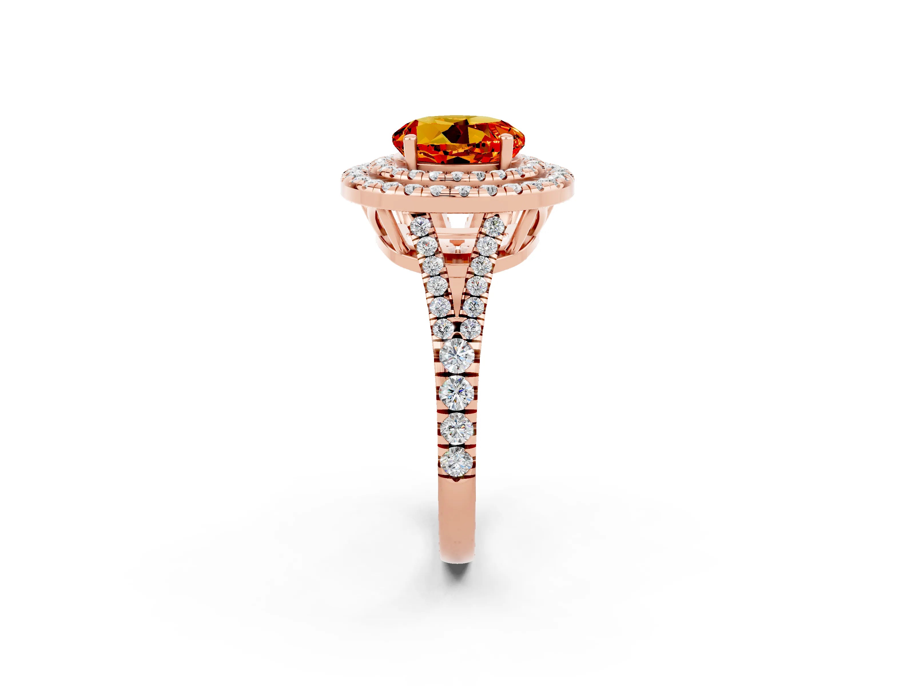 Rose gold Round Cut Citrine Double Halo Ring with Pavé Band and Prong Setting_14