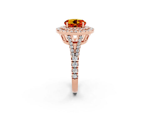 Rose gold Round Cut Citrine Double Halo Ring with Pavé Band and Prong Setting_14