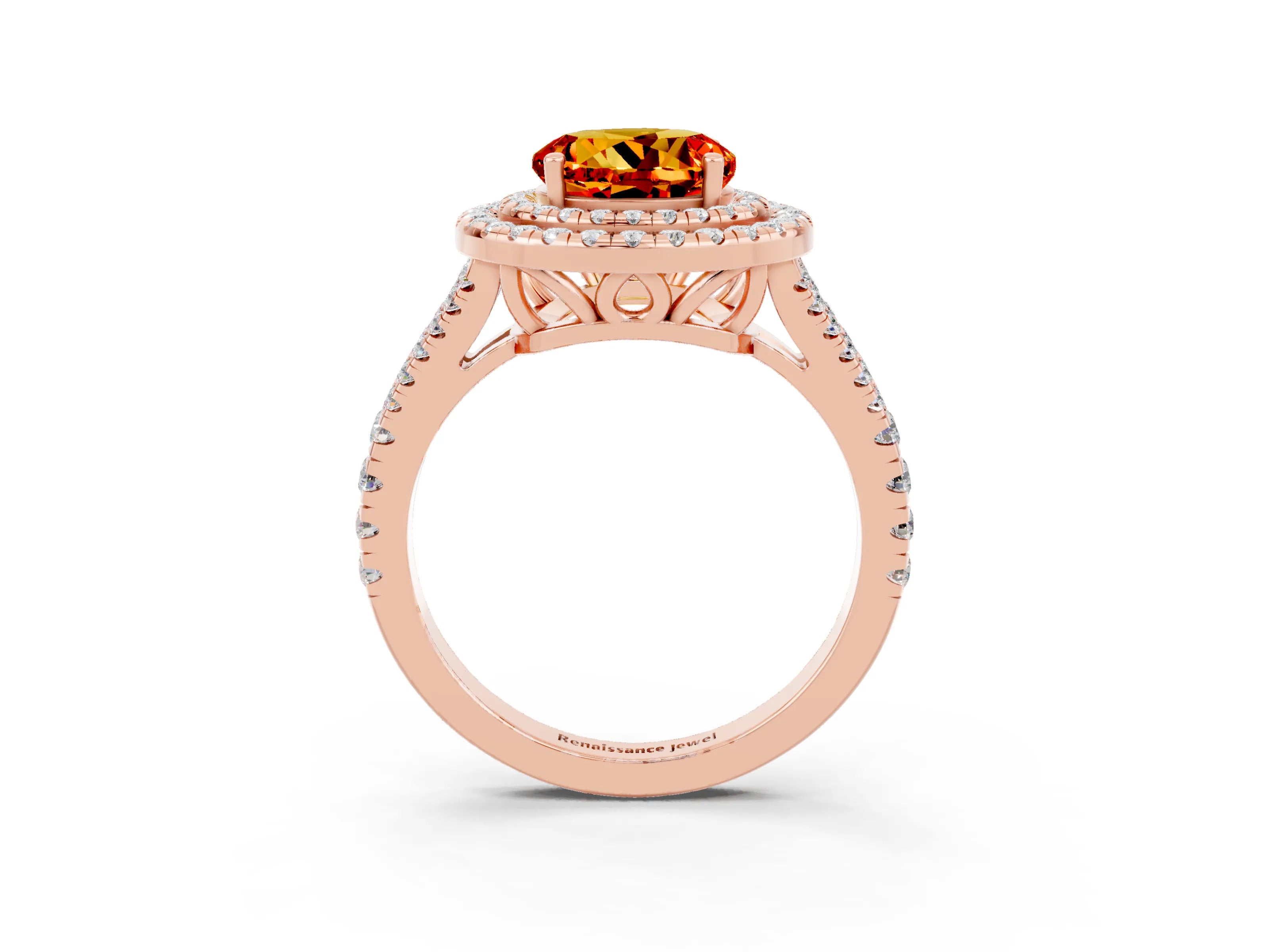 Rose gold Round Cut Citrine Double Halo Ring with Pavé Band and Prong Setting_15