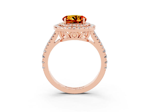 Rose gold Round Cut Citrine Double Halo Ring with Pavé Band and Prong Setting