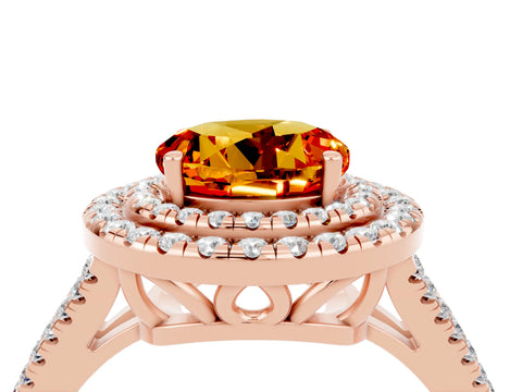 Rose gold Round Cut Citrine Double Halo Ring with Pavé Band and Prong Setting_16