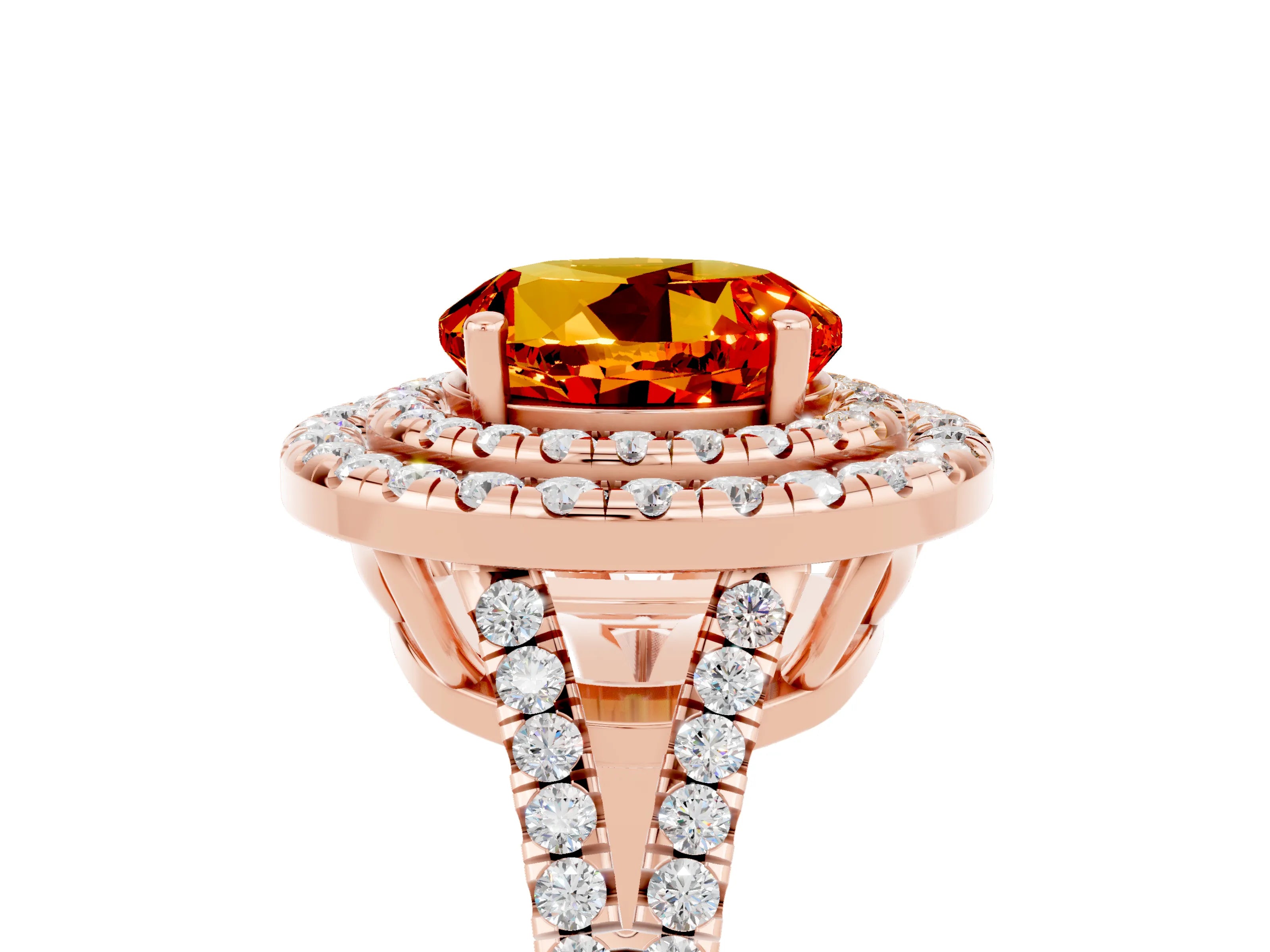 Rose gold Round Cut Citrine Double Halo Ring with Pavé Band and Prong Setting_17