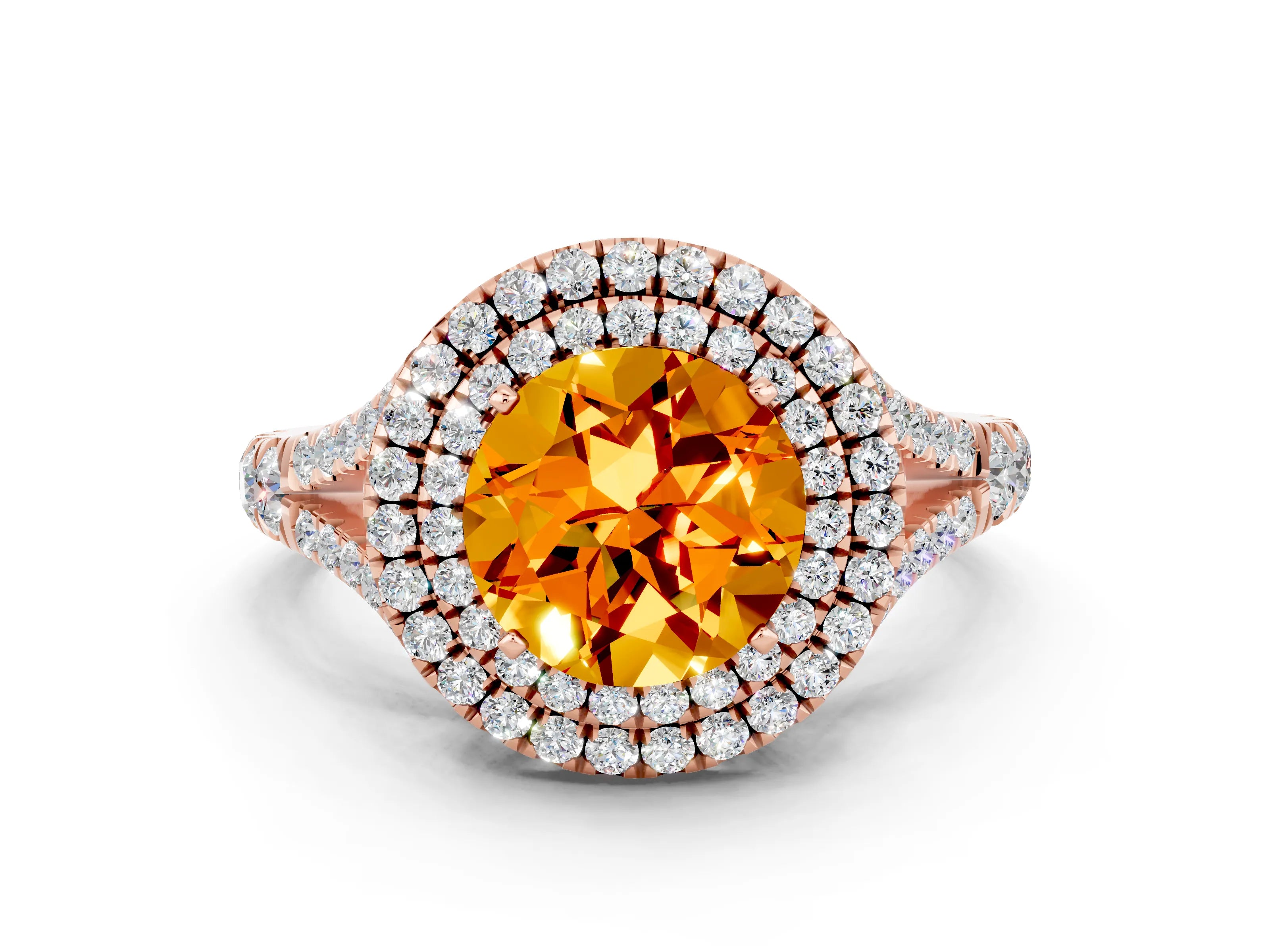 Rose gold Round Cut Citrine Double Halo Ring with Split Shank and Prong Setting_12