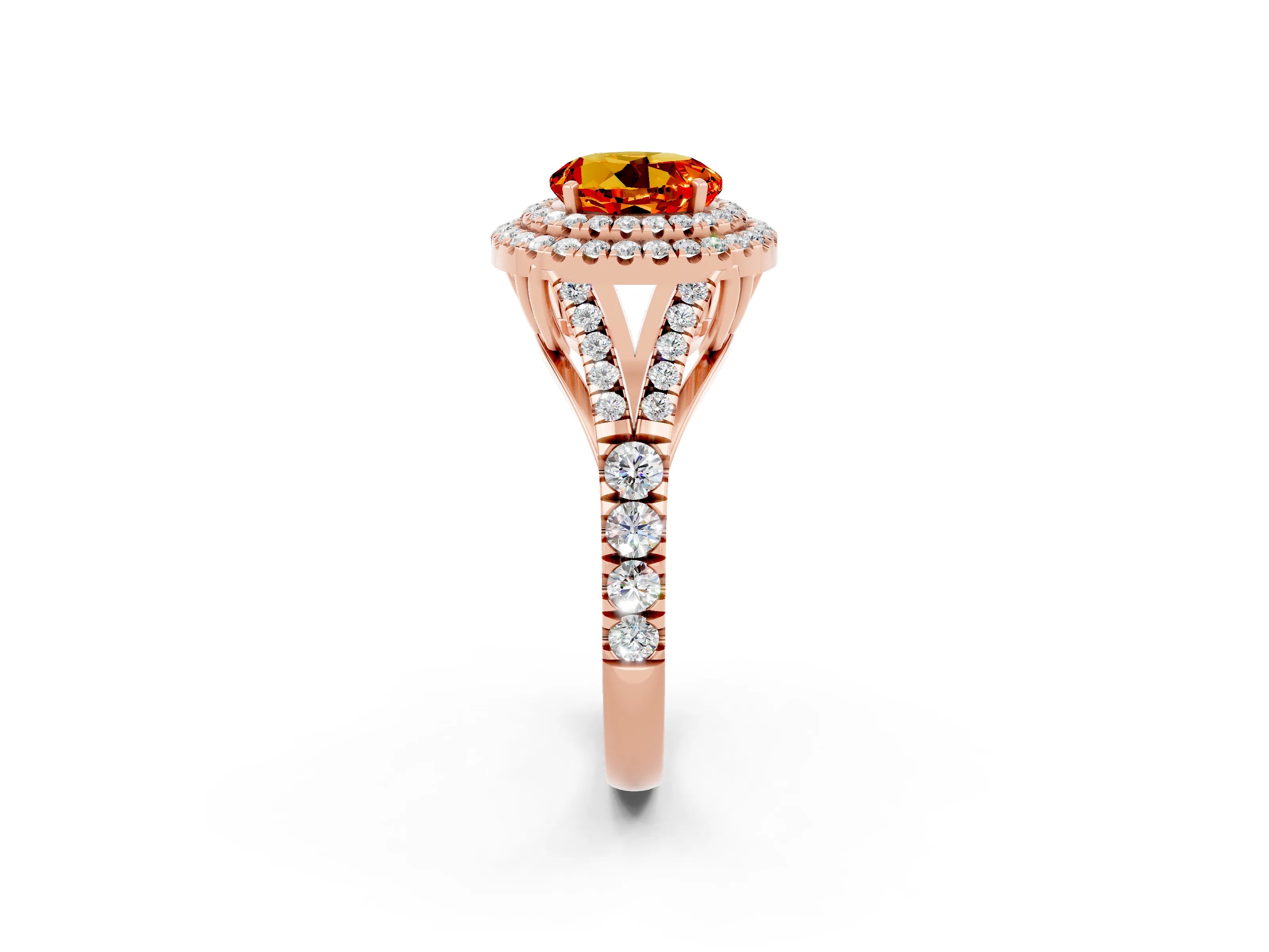 Rose gold Round Cut Citrine Double Halo Ring with Split Shank and Prong Setting_14