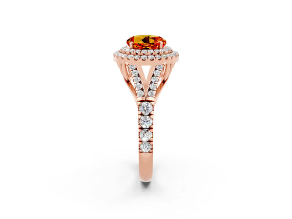 Rose gold Round Cut Citrine Double Halo Ring with Split Shank and Prong Setting