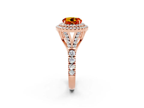 Rose gold Round Cut Citrine Double Halo Ring with Split Shank and Prong Setting_14