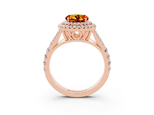 Rose gold Round Cut Citrine Double Halo Ring with Split Shank and Prong Setting