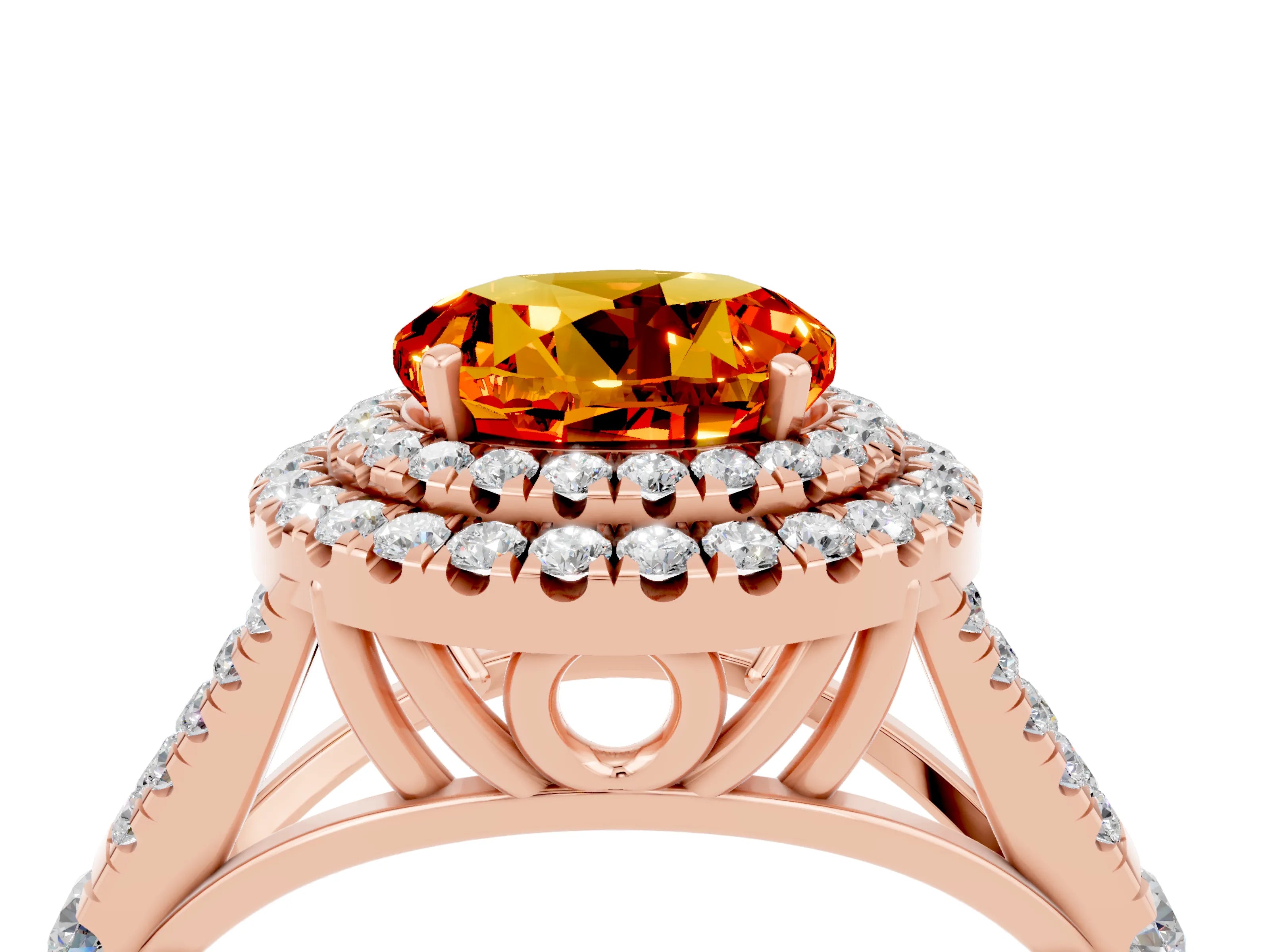 Rose gold Round Cut Citrine Double Halo Ring with Split Shank and Prong Setting_16