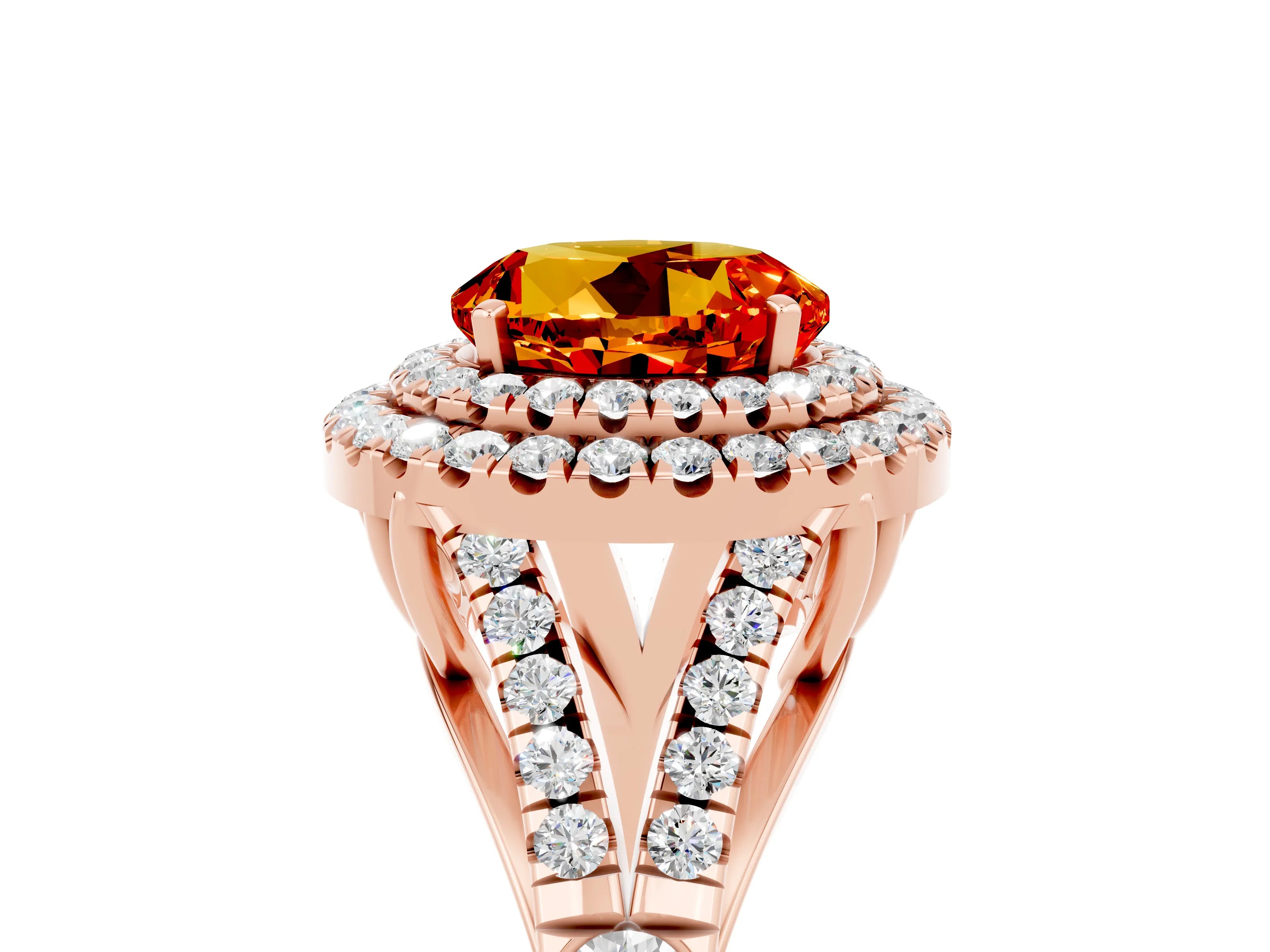 Rose gold Round Cut Citrine Double Halo Ring with Split Shank and Prong Setting_17