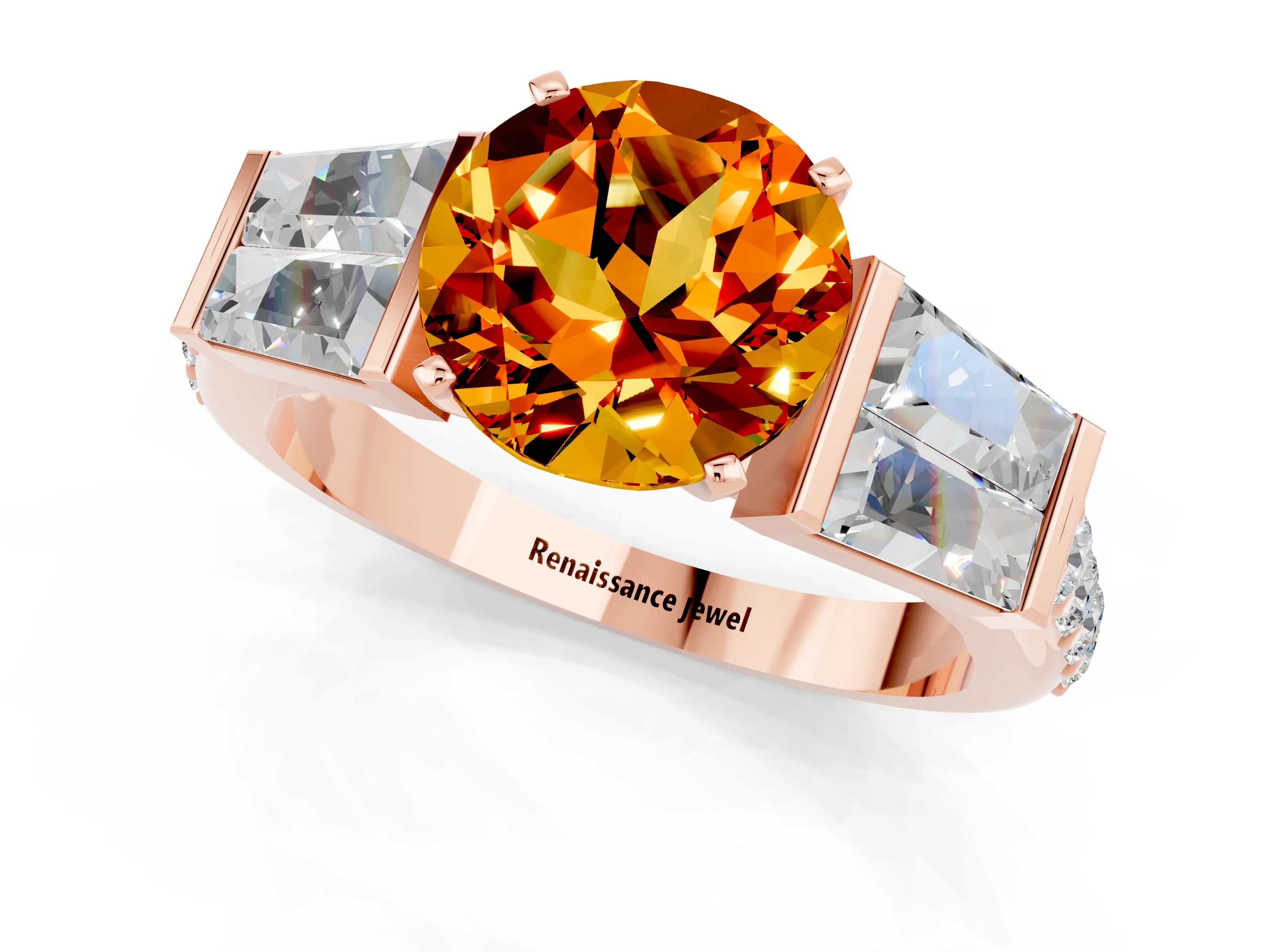 Rose gold Round Cut Citrine Engagement Ring with Baguette Side Stones and Channel Set Band_1