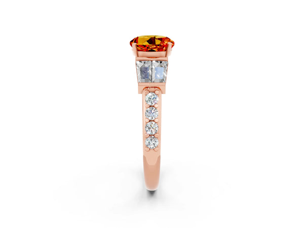 Rose gold Round Cut Citrine Engagement Ring with Baguette Side Stones and Channel Set Band