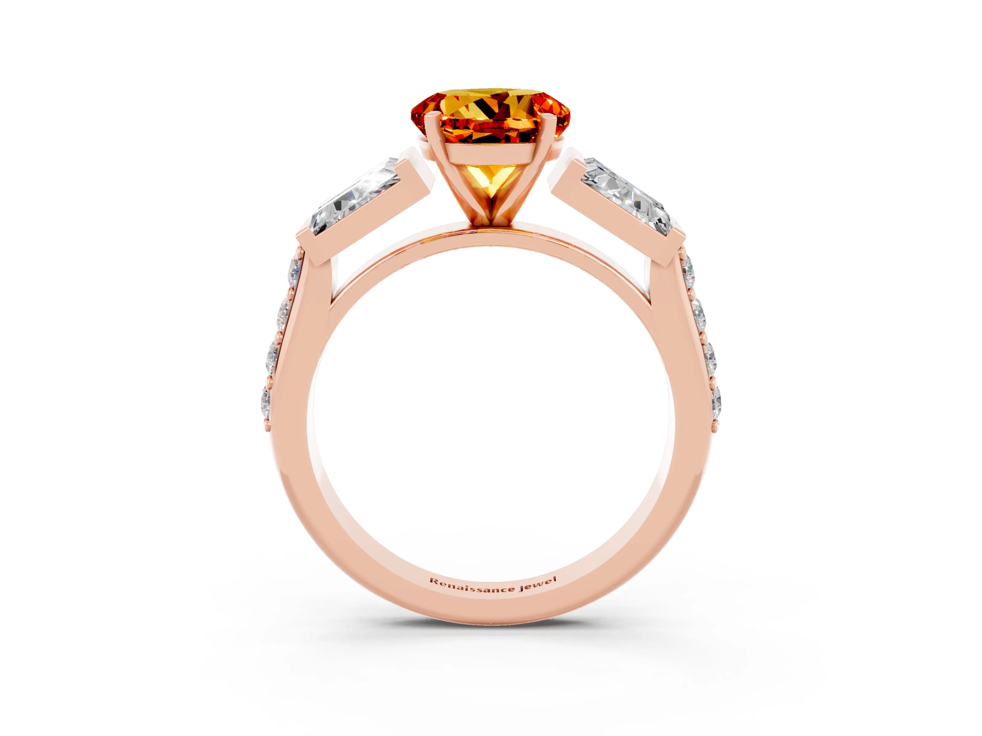 Rose gold Round Cut Citrine Engagement Ring with Baguette Side Stones and Channel Set Band_3