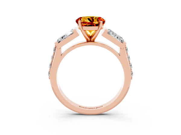 Rose gold Round Cut Citrine Engagement Ring with Baguette Side Stones and Channel Set Band