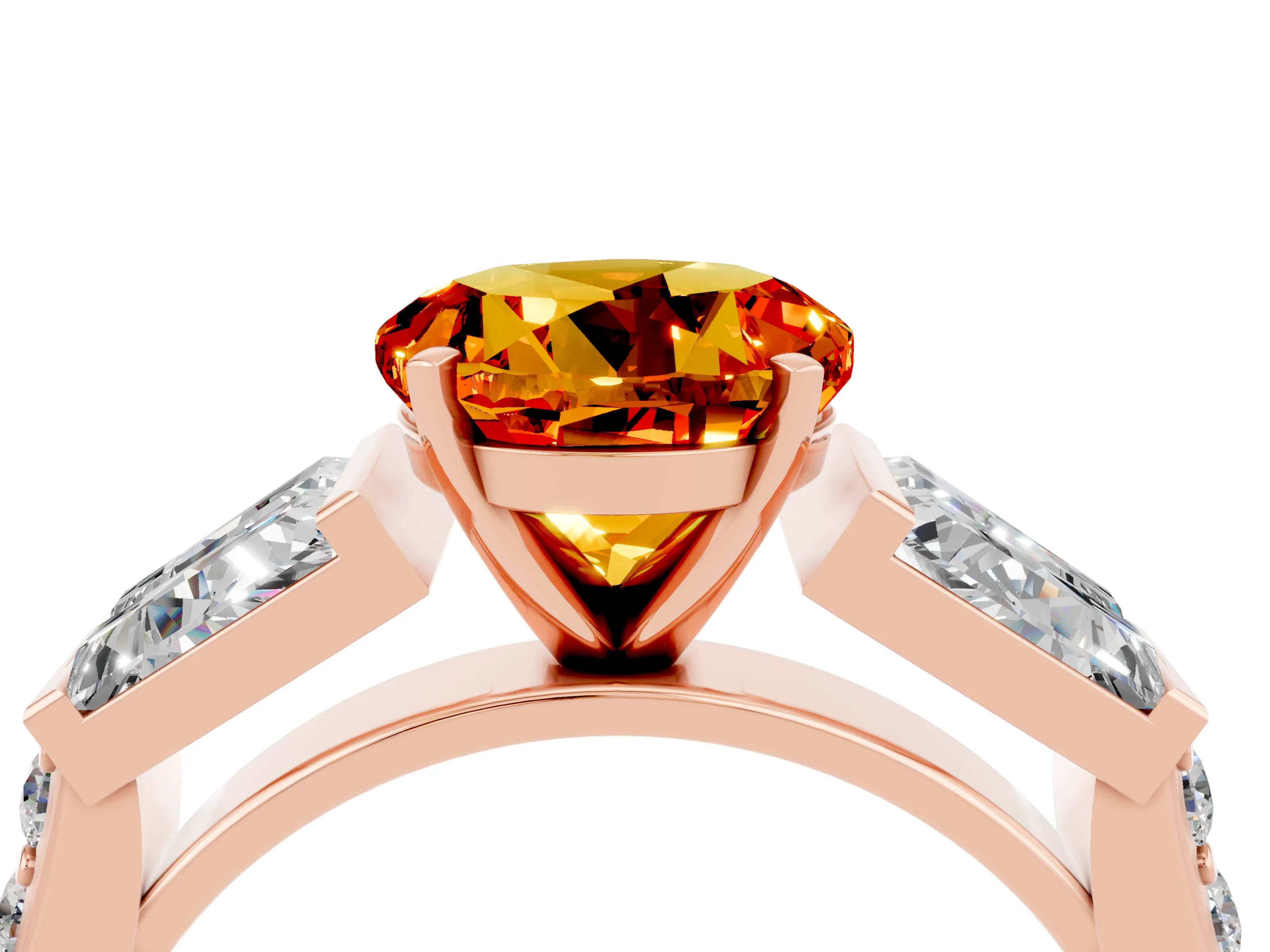 Rose gold Round Cut Citrine Engagement Ring with Baguette Side Stones and Channel Set Band_4