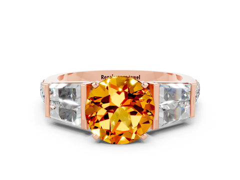 Rose gold Round Cut Citrine Engagement Ring with Baguette Side Stones and Channel Set Band