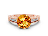 Rose gold Round Cut Citrine Engagement Ring with Milgrain Channel Set Band and Prong Setting
