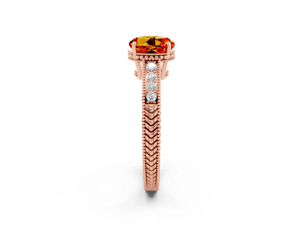 Rose gold Round Cut Citrine Engagement Ring with Milgrain Channel Set Band and Prong Setting