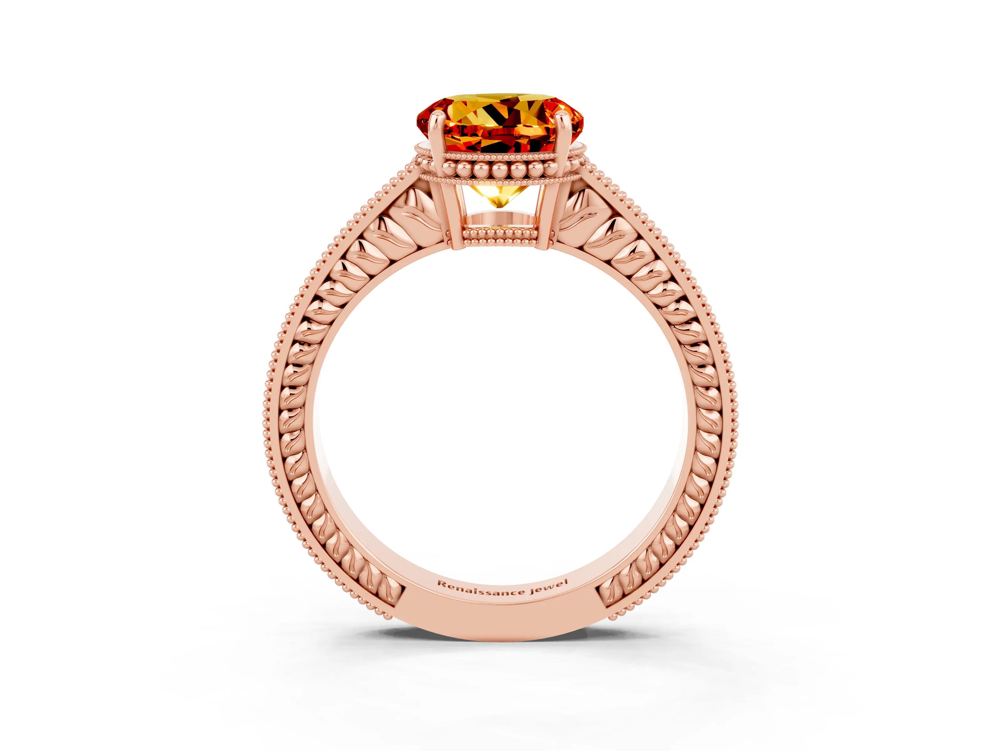 Rose gold Round Cut Citrine Engagement Ring with Milgrain Channel Set Band and Prong Setting_3