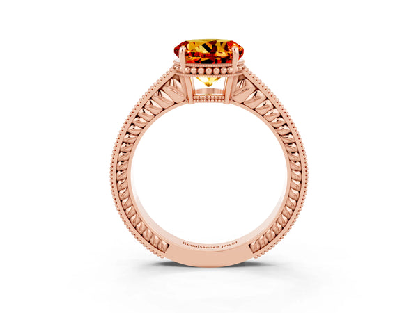 Rose gold Round Cut Citrine Engagement Ring with Milgrain Channel Set Band and Prong Setting