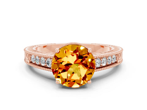 Rose gold Round Cut Citrine Engagement Ring with Milgrain Channel Set Band and Prong Setting
