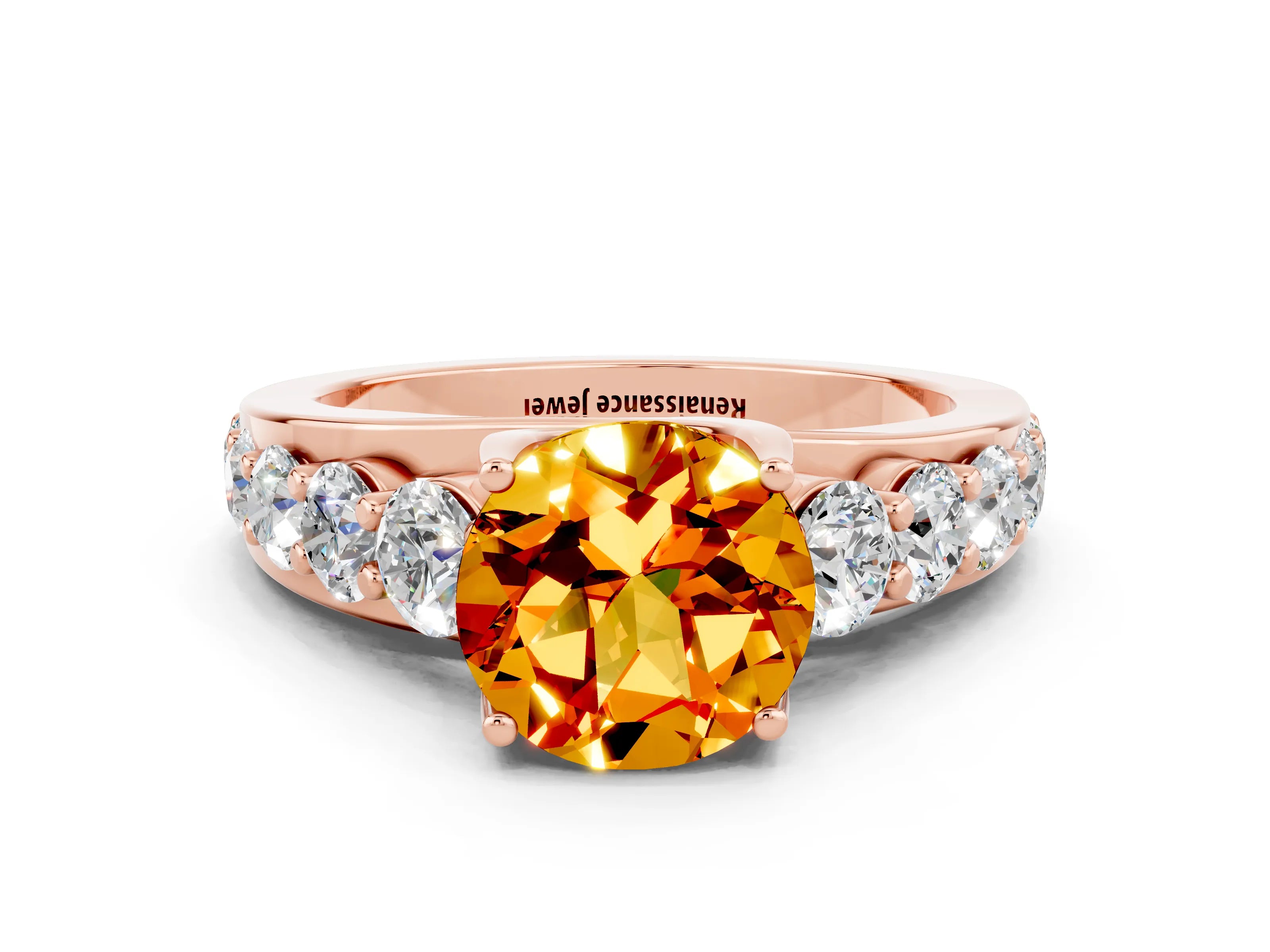 Rose gold Round Cut Citrine Engagement Ring with Pavé Band and Four-Prong Setting