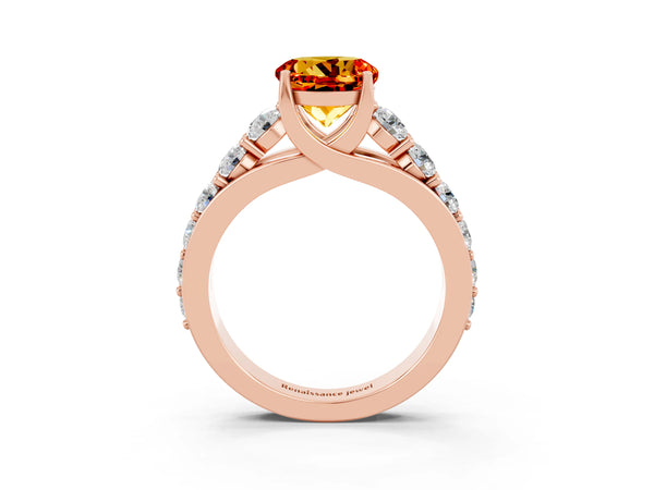 Rose gold Round Cut Citrine Engagement Ring with Pavé Band and Four-Prong Setting