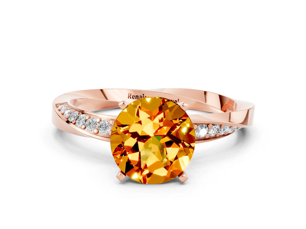 Rose gold Round Cut Citrine Engagement Ring with Side Stone Accents and Four-Prong Setting