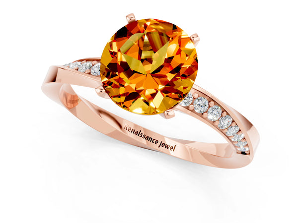 Rose gold Round Cut Citrine Engagement Ring with Side Stone Accents and Four-Prong Setting
