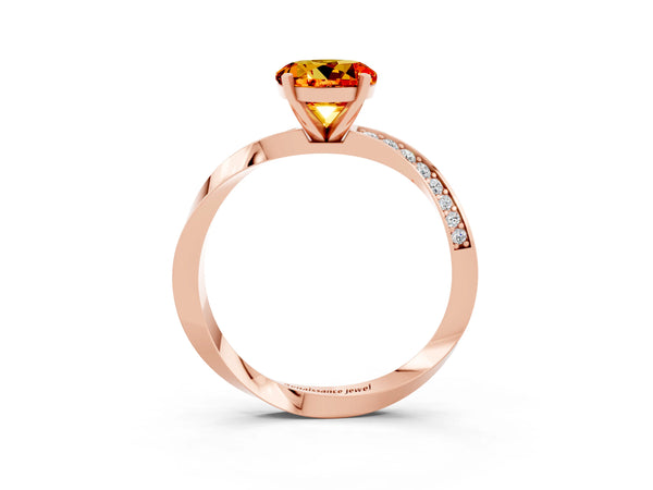 Rose gold Round Cut Citrine Engagement Ring with Side Stone Accents and Four-Prong Setting