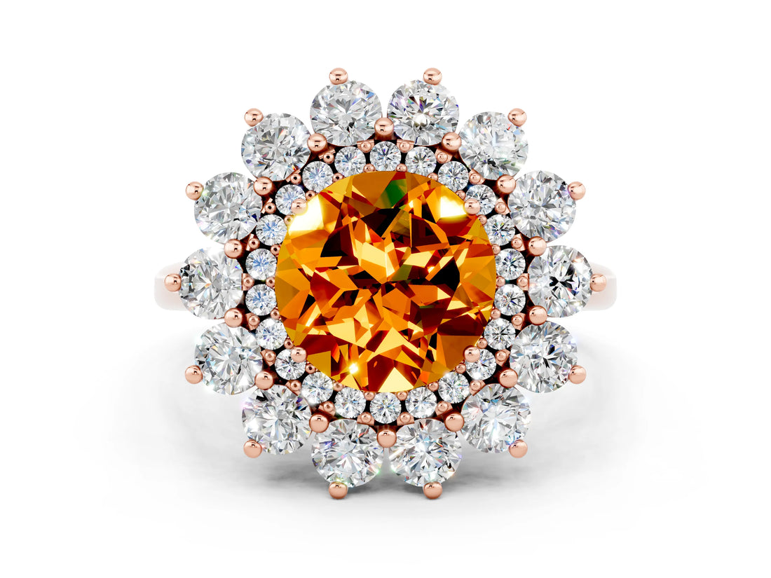 Rose gold Round Cut Citrine Floral Double Halo Engagement Ring with Prong Setting_60