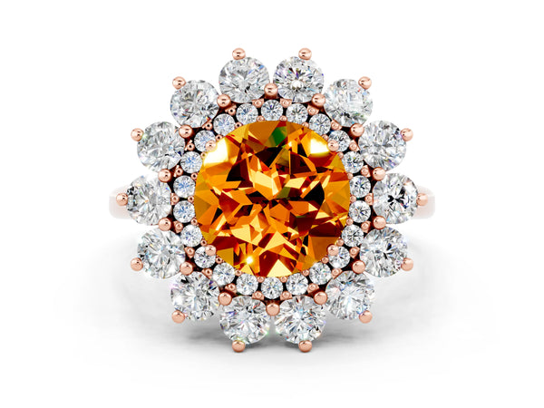 Rose gold Round Cut Citrine Floral Double Halo Engagement Ring with Prong Setting